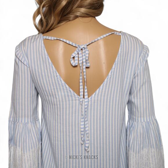 Blue Rain Striped Bell Sleeve Blouse Lace Trim Tie Back Boho Chic Light Blue XS - Picture 6 of 11
